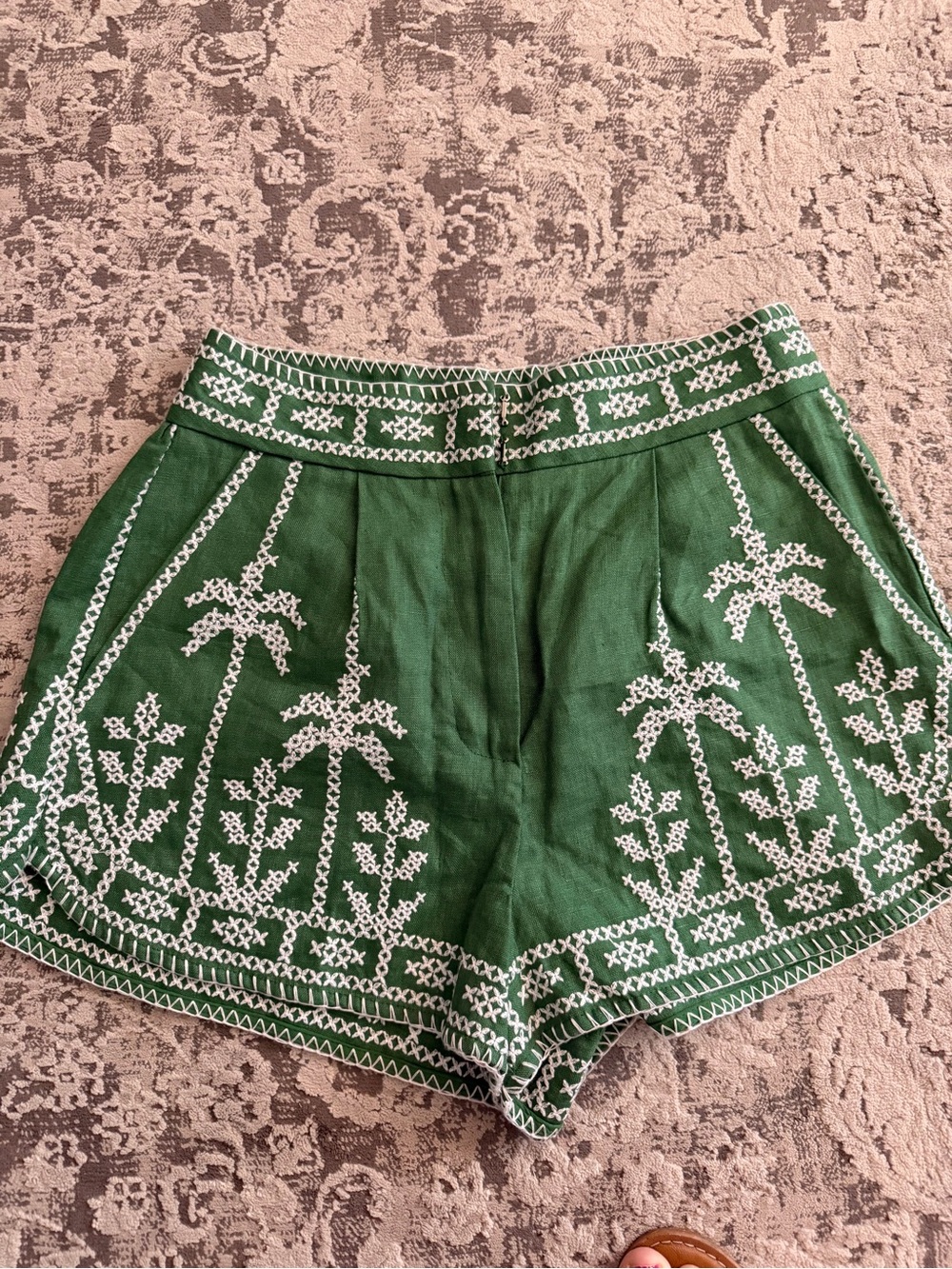 FARM Rio Green High-Waist Embroidered Palm-Print Shorts